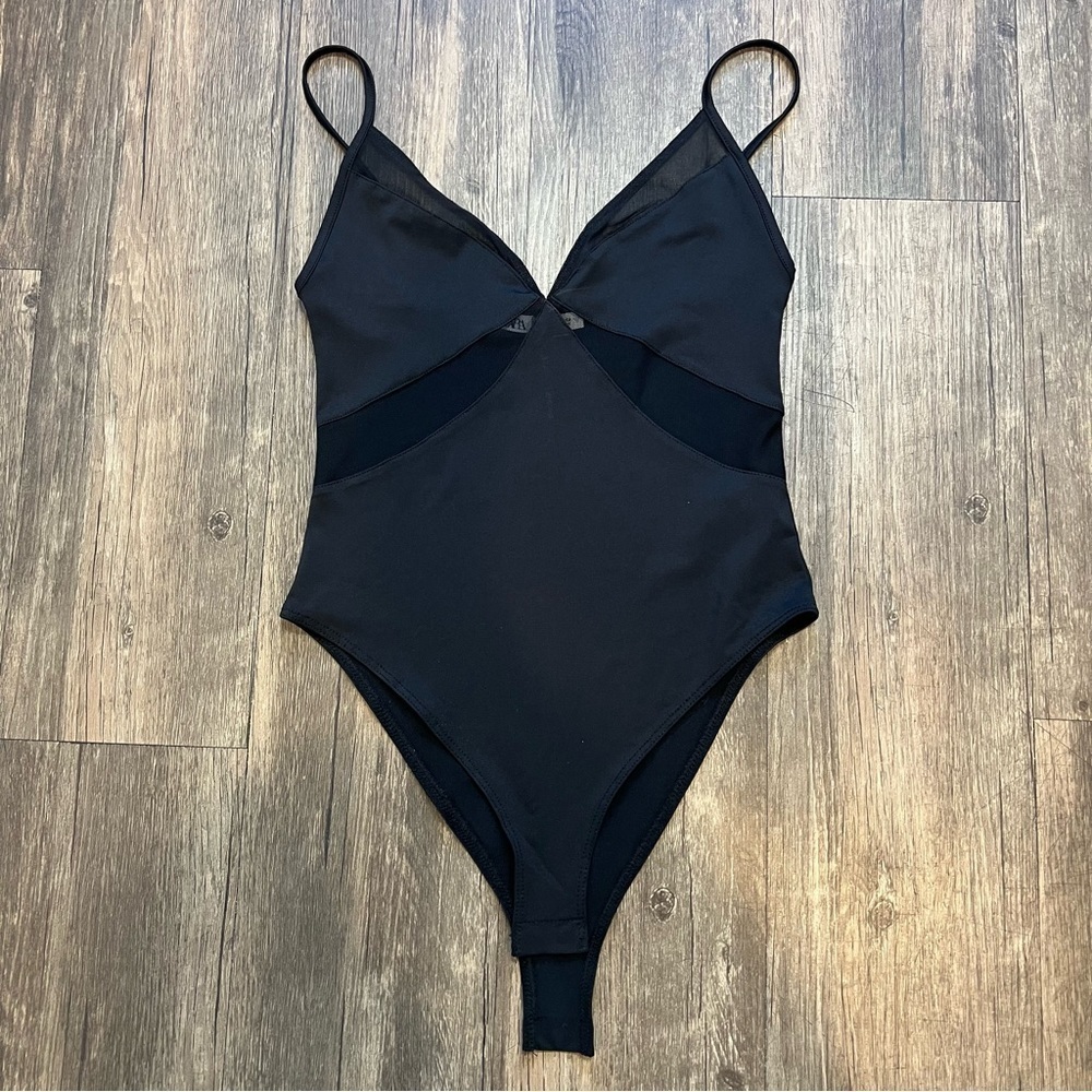 Zara Black V Neck Bodysuit Strappy Sheer Cutout Snaps Closure Evening Size S